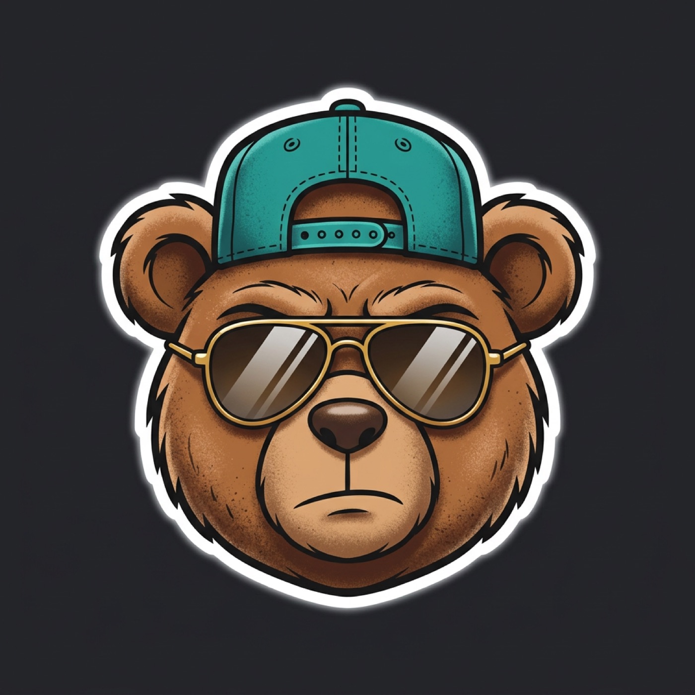 Airbrushed bear mascot badge of Slick Fades Barber Shop, teddy bear in teal snapback and gold aviator sunglasses
