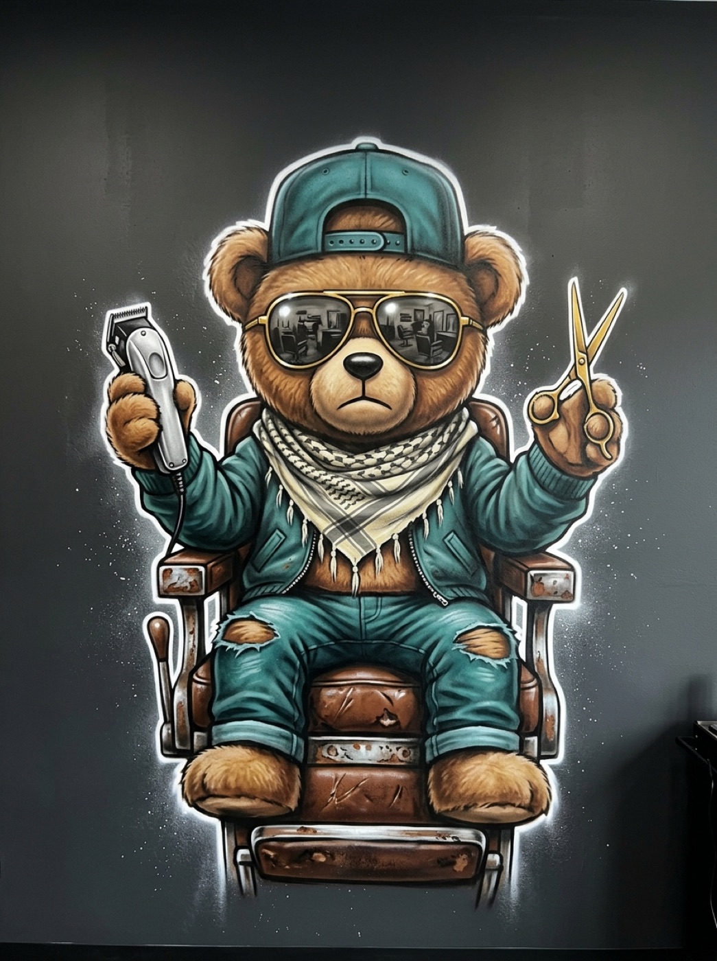 Slick Fades bear mural: airbrushed teddy bear barber in a teal snapback and gold aviators holding clippers and gold shears in a leather barber chair
