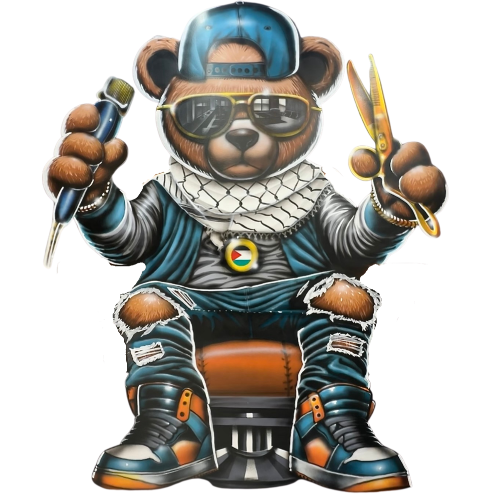 The real Slick Fades bear mural: airbrushed teddy bear barber in a snapback and gold sunglasses holding clippers and gold shears